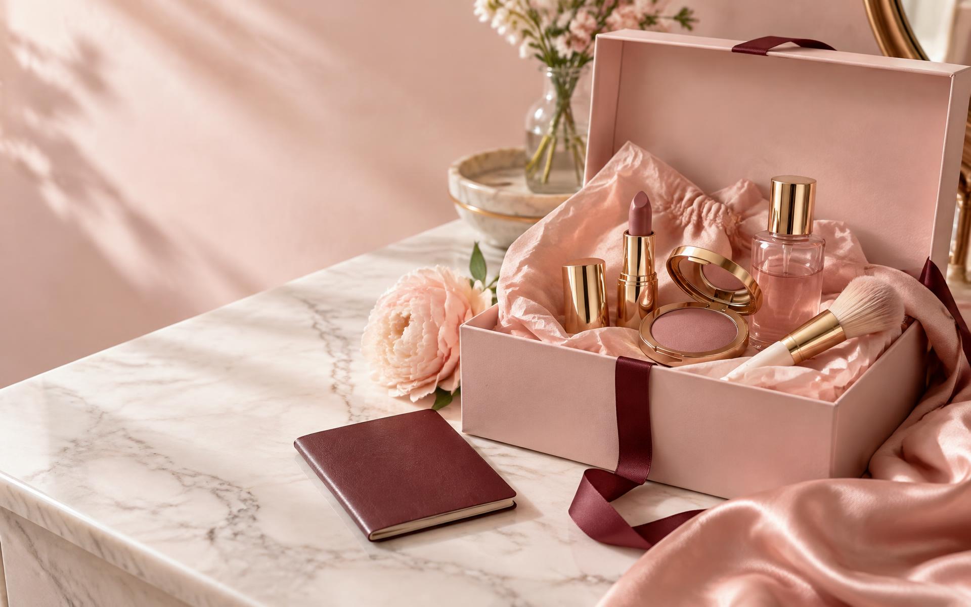 A blush beauty box with lipstick, a rosy compact and beauty essentials, styled with a burgundy passport